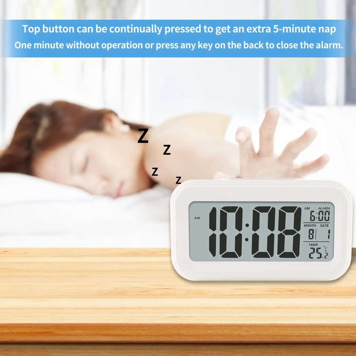 LCD Digital Alarm Clock With Indoor Temperature, Snooze Function Month Date Battery Operated Desk Small Clock - Image 6