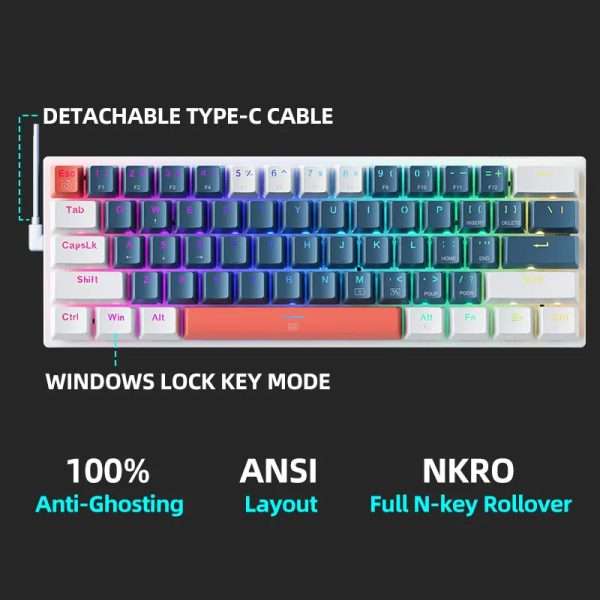 Machenike K500-B61 Mini Mechanical Keybaord 60% Form Factor 61Keys Gaming Keybaord Wired Full Key Hot-Swappable RGB Backlit - Image 5
